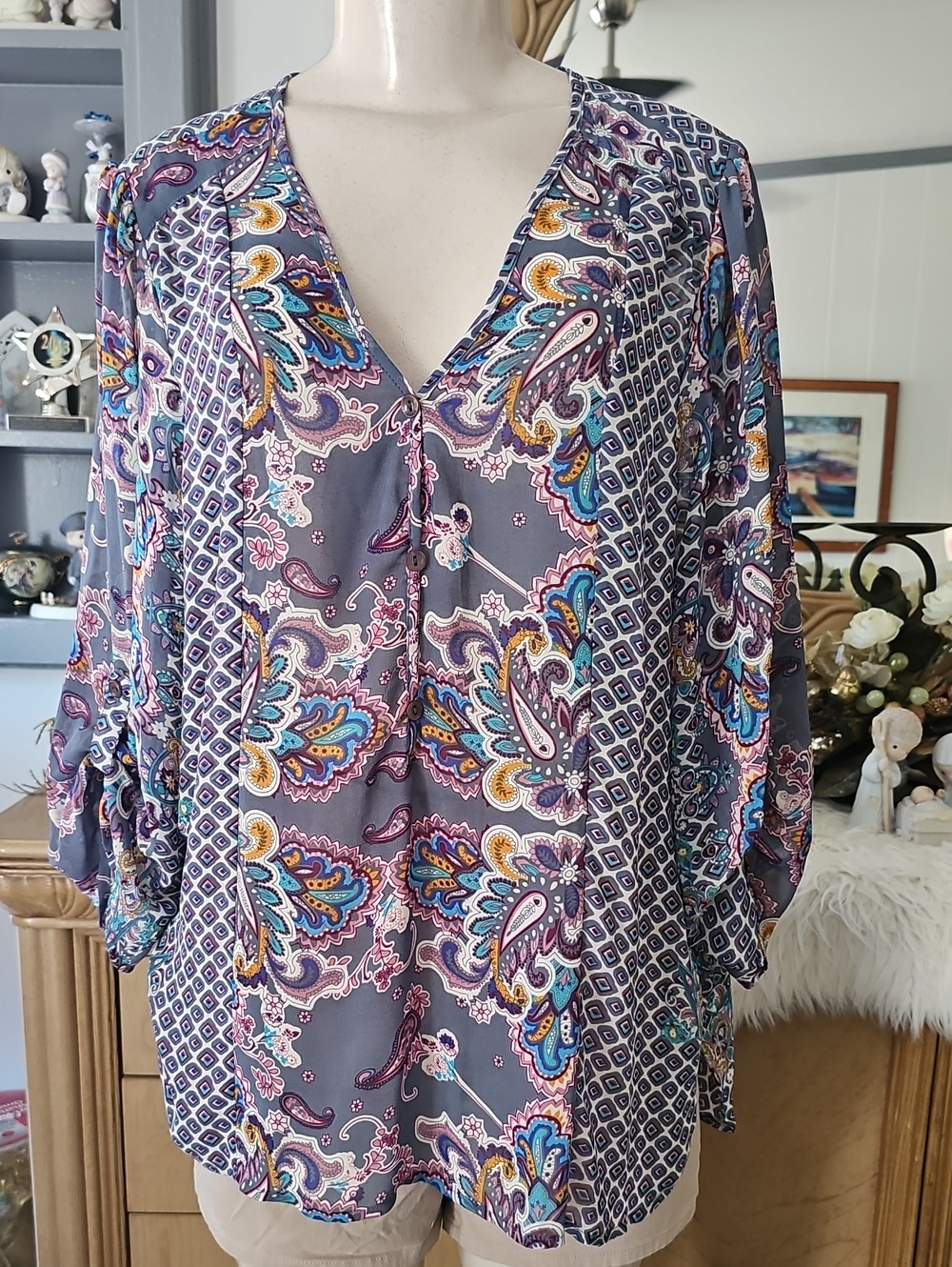 Harlow Zee Paisley V-Neck Women's Blouse - Purple Multi Large